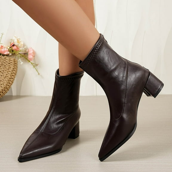 Roncen Women's Fashion Casual Ankle Boots - Back Zipper Pointed Toe Chunky Mid Heel Stylish Boots for Everyday Comfort