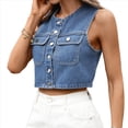thumbnail image 3 of Chalecos Vaqueros para Mujer, Top Corto de Mezclilla, Chaleco con Botones, Camisetas Sin Mangas, Chaqueta Informal de Moda Sin Mangas Azul XL, 3 of 10