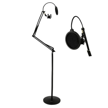 - Floor-Standing Suspension Microphone Boom Stand - Studio Scissor Arm Mic Mount, Includes Pop Filter and Anti-Vibration Shock Mount