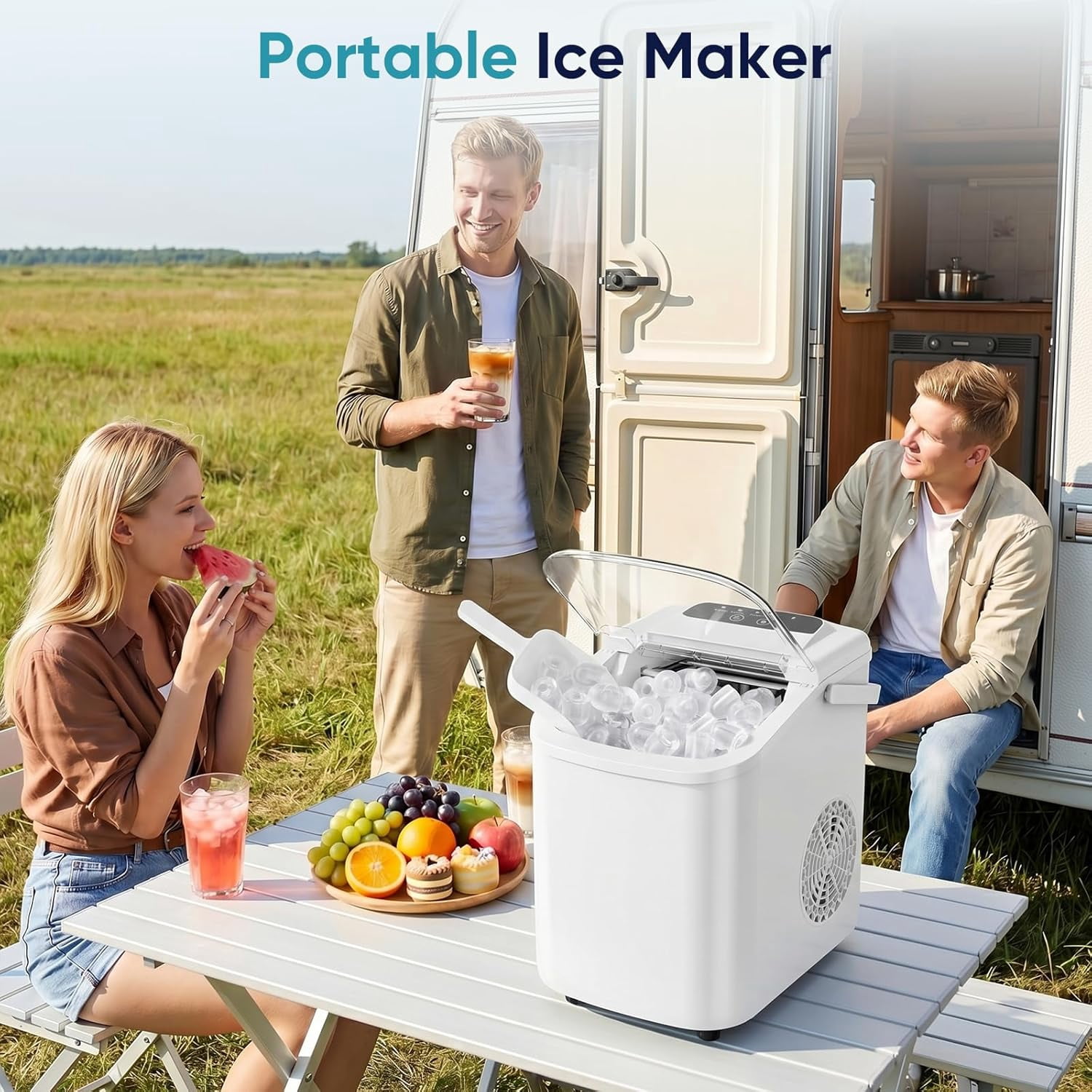 Ice Maker, Countertop Ice Machine with Handle, 9 Bullet Cubes in 6~8 Mins, 26lbs Daily, Self-Cleaning with Basket and Scoop for Home/Kitchen/Camping/RV
