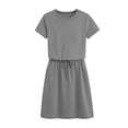 thumbnail image 5 of Summer Dresses for Women Crew Neck T-Shirt Casual Midi Dress Tie Waist Short Sleeve Sundresses with Pockets Gray, M, 5 of 6
