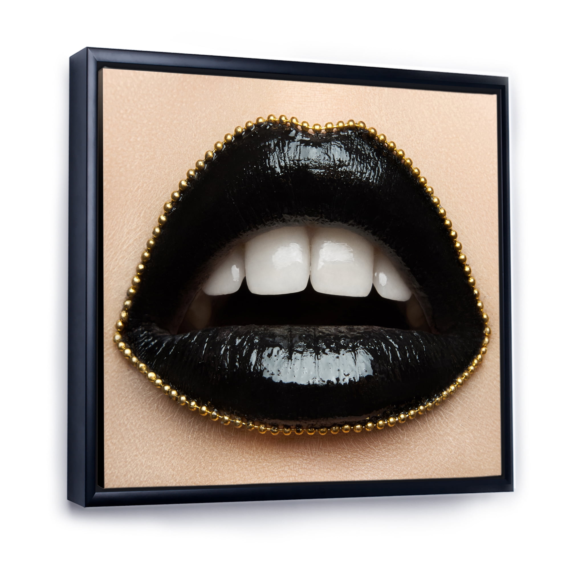 Designart 'Woman Lips With Black Lipstick & A Gold Chain' Modern Framed Canvas Wall Art Print