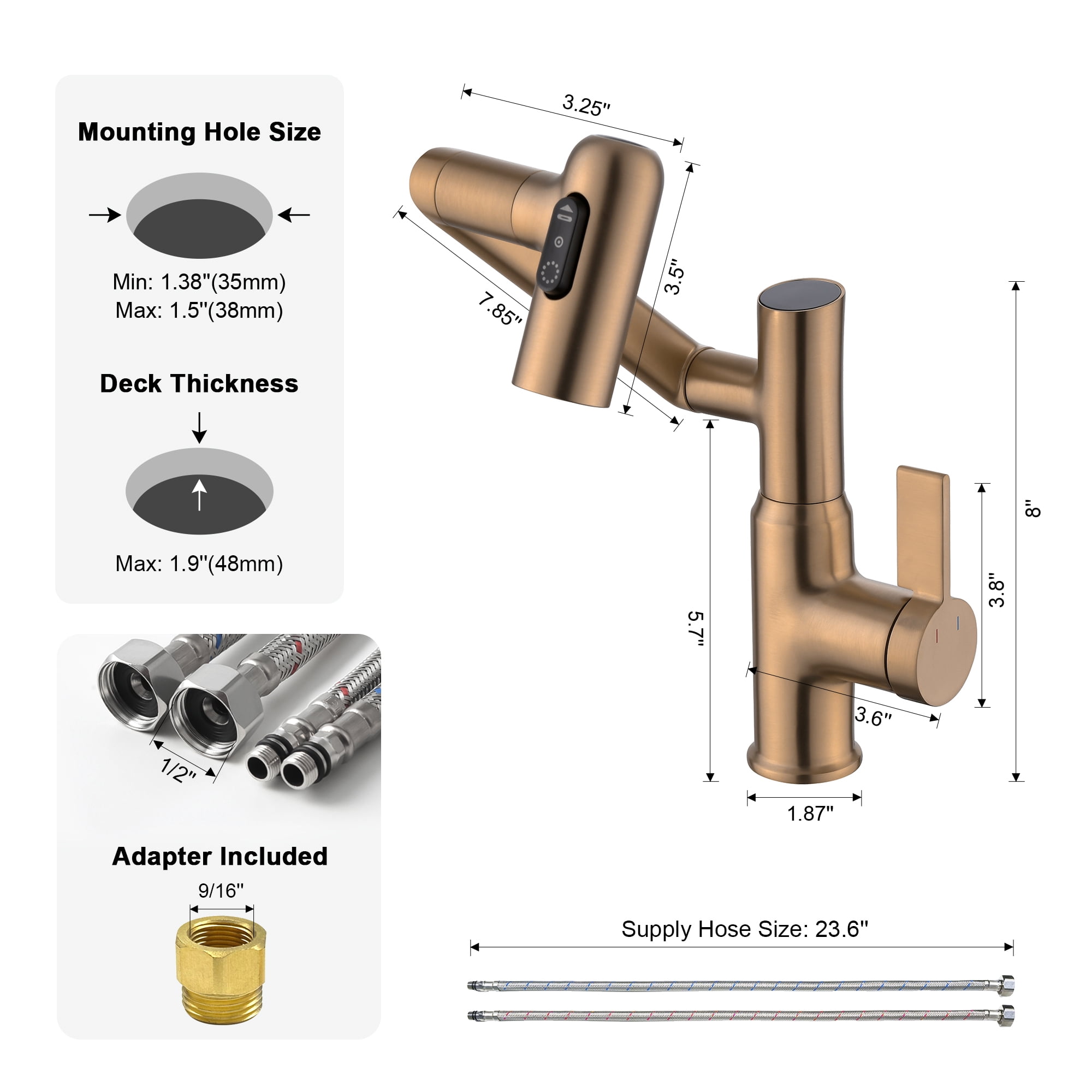 Lefton Rotatable Bathroom Faucet with Temperature Display in Fahrenheit (Batteries-Free), 3 Water Outlet Modes, Brushed Brass, BF2204-7