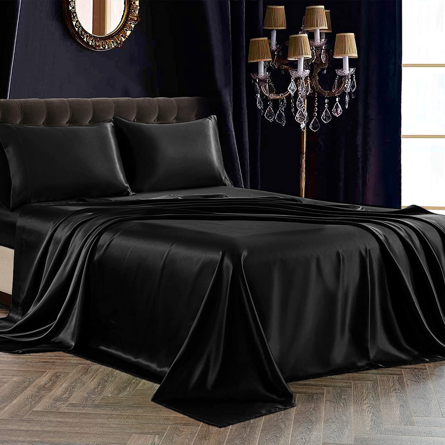 Htooq 4pcs Satin Sheet Set California King Size Ultra Silky Soft Black Satin Bed Sheets With Deep Pocket 1 Fitted Sheet 1 Flat Sheet 2 Envelope Cl