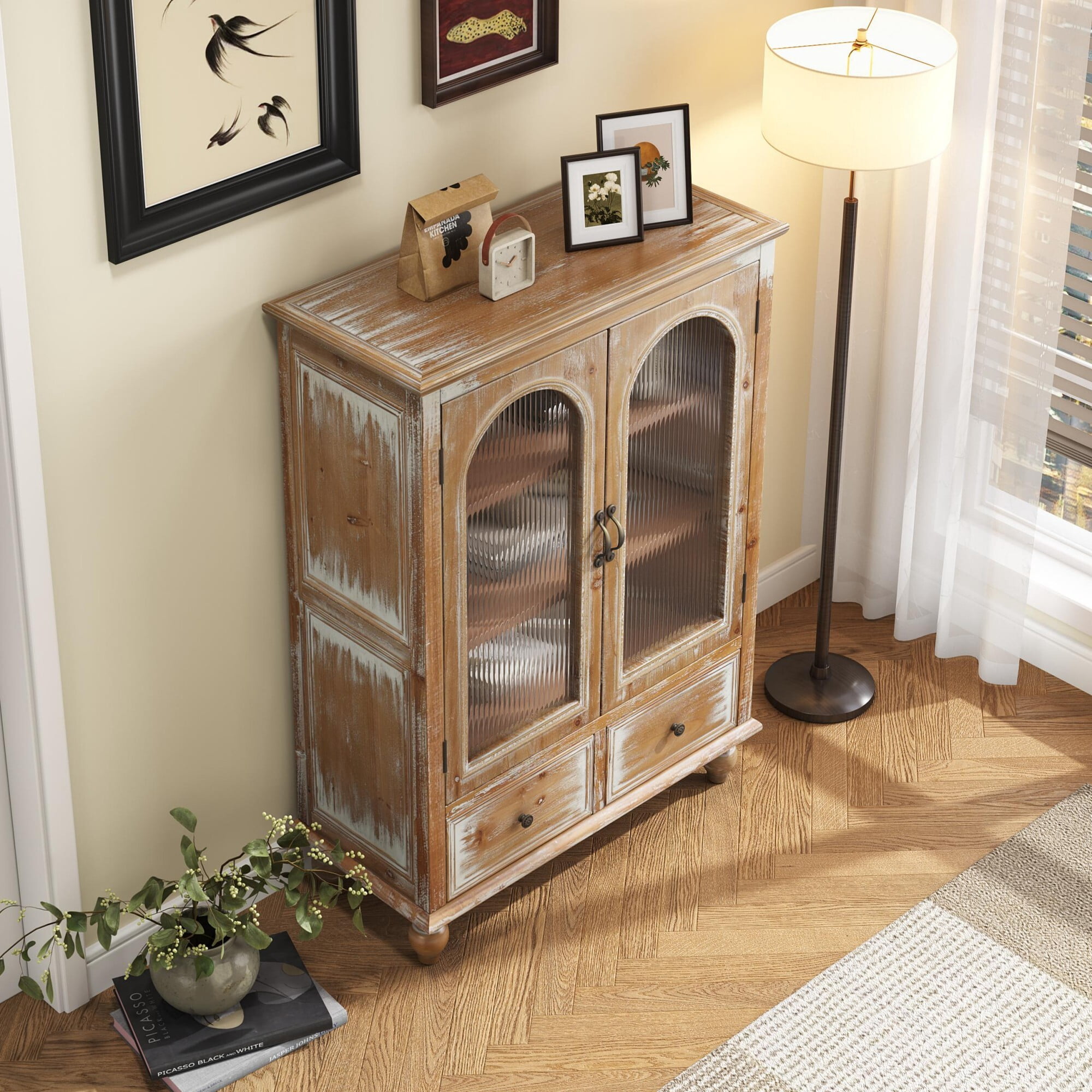 AENKYO 48" Farmhouse Storage Cabinet, Wood Kitchen Pantry with Arched Fluted Glass Doors & 2 Drawers, Natural