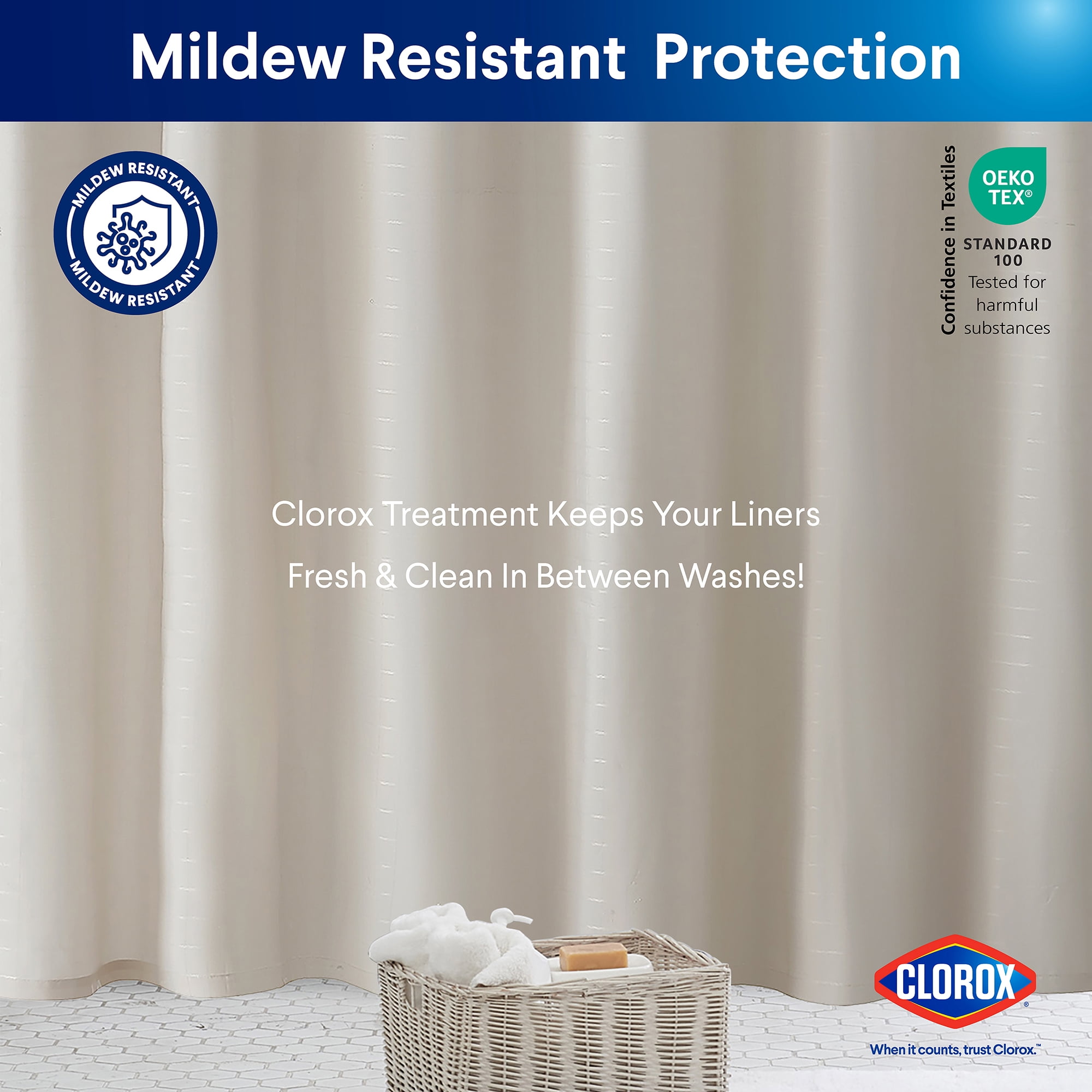 Clorox 100% Polyester Shower Curtain Set with Waterproof PEVA Liner and 12 Metal Hooks (Tan)