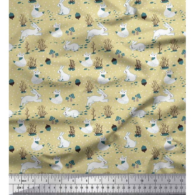 Soimoi Beige Poly Georgette Fabric Mushroom,Oaknut & Rabbit Animal Decor Fabric Printed BTY 52 Inch Wide