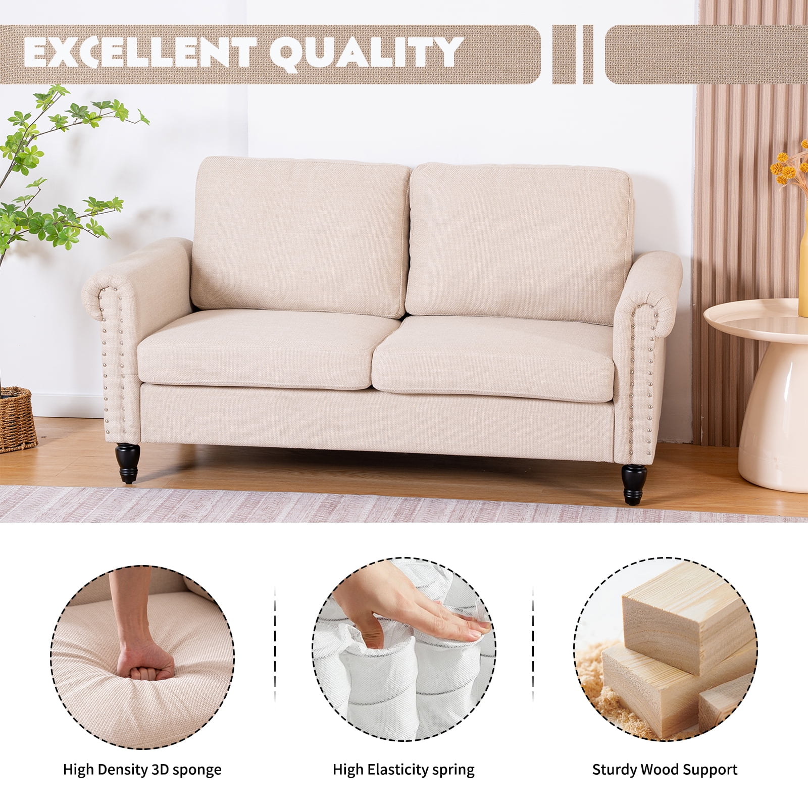 57 Loveseat Sofa,2 Seat Couch with Linen Fabric,Small Couches for Small Spaces with Solid Wood Legs,Comfy Love Seat Sofa for Living Room,Bedroom,Apartment