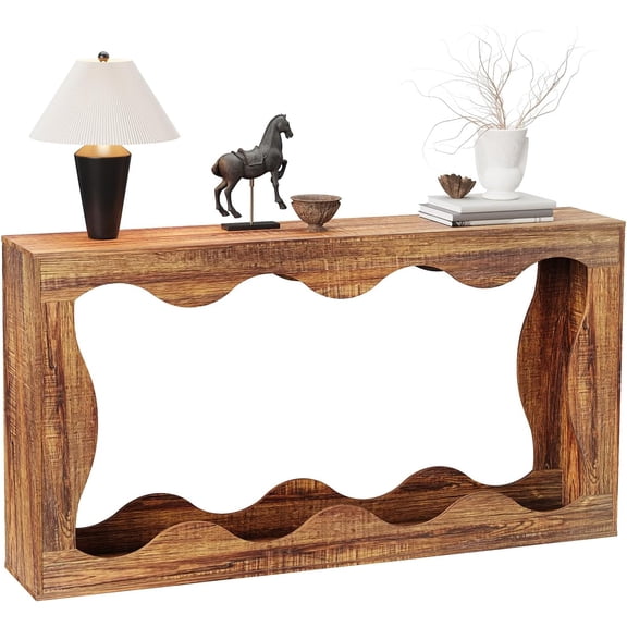 63In Scalloped Console Table with 2-Tier Storage Narrow Farmhouse Sofa Table for Entryway Hallway Living Room Brown