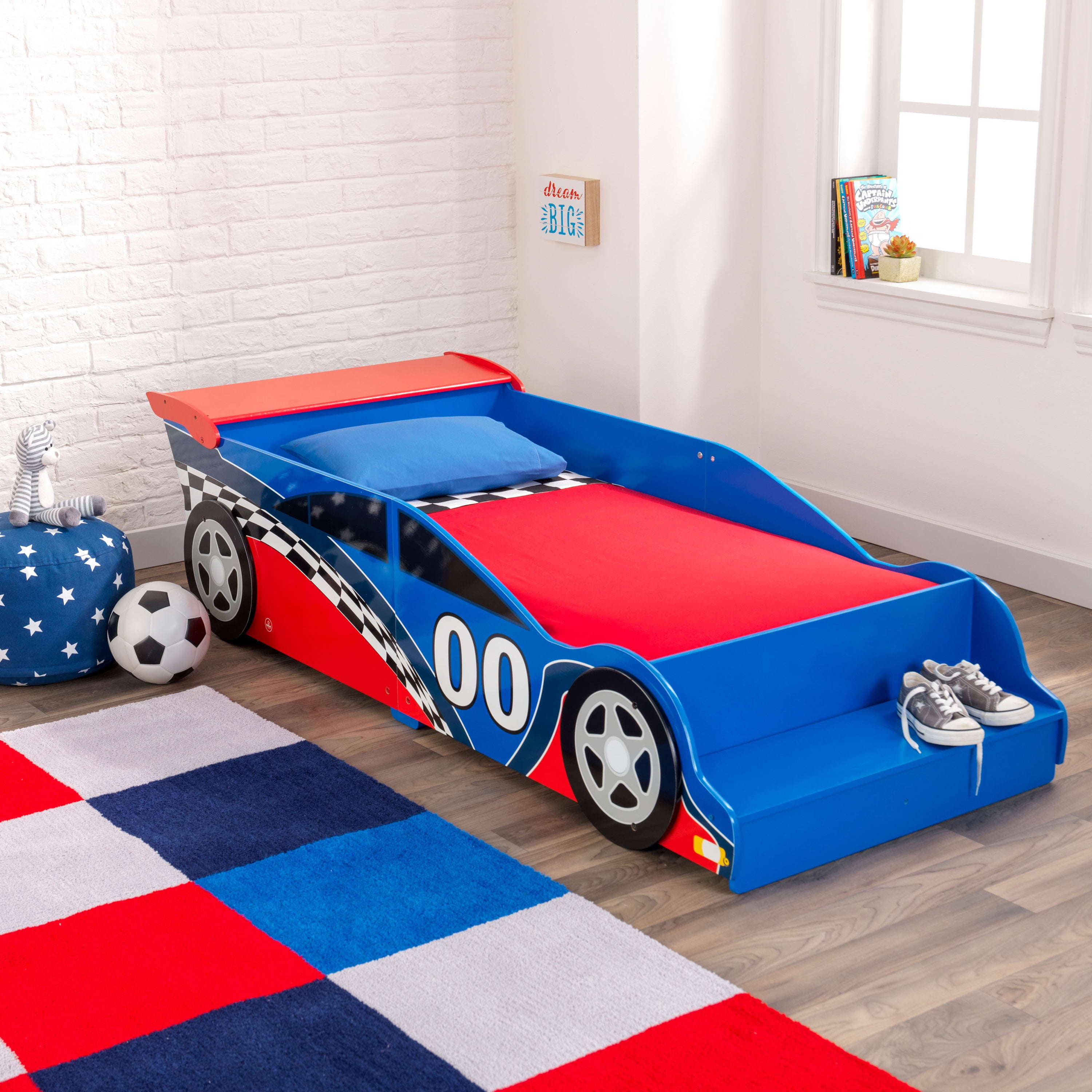 KidKraft Wooden Racecar Toddler Bed with Built-In Bench and Bed Rails - Red and Blue