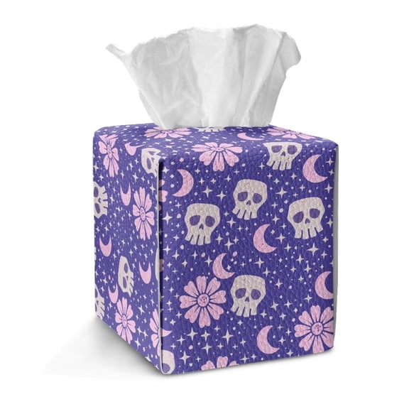 COEQINE PU Leather Square Tissue Box Cover, Snap Closure for Easy Refill & Storage, Universal Decorative Tissue Holder for Home Bedroom Car Office Desk, Skull Moon Star Purple