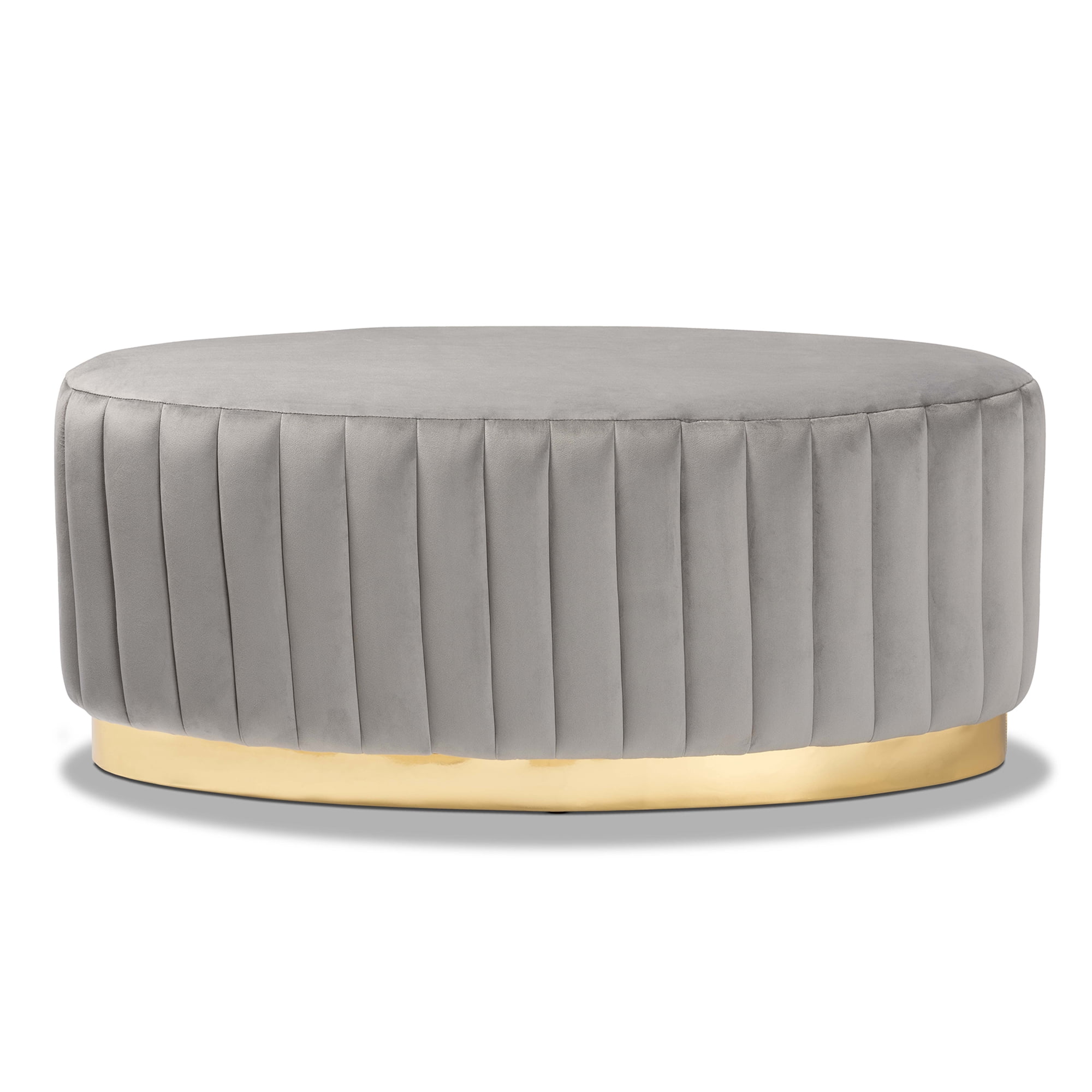Baxton Studio Kirana Glam and Luxe Grey Velvet Fabric Upholstered and Gold PU Leather Ottoman
