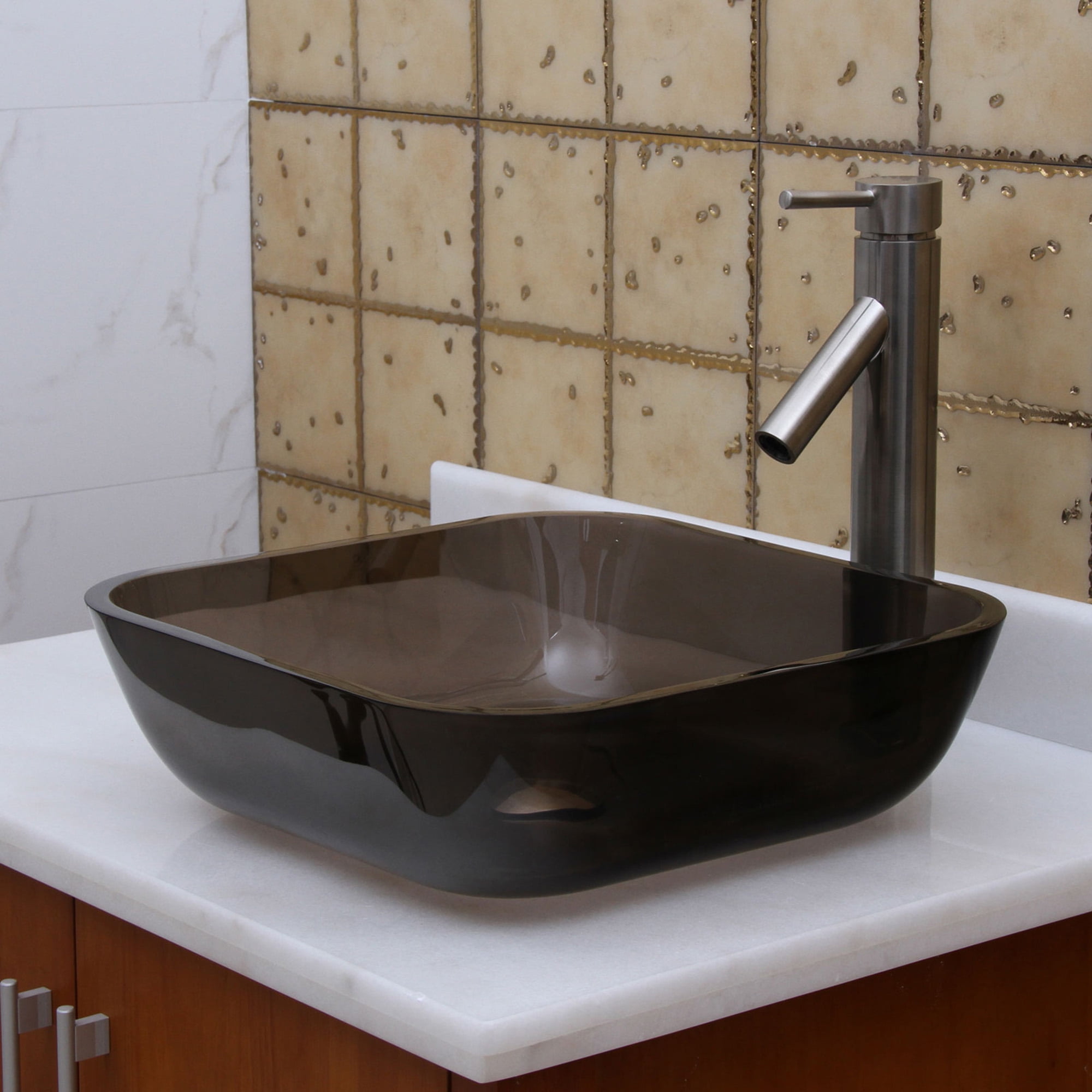 Elite Tinted Brown Transparent Square Tempered Glass Flat Bottom Bathroom Vessel Sink Bowl With Brushed Nickel Pop Up Drain 1506 P01bn Walmart Com Walmart Com