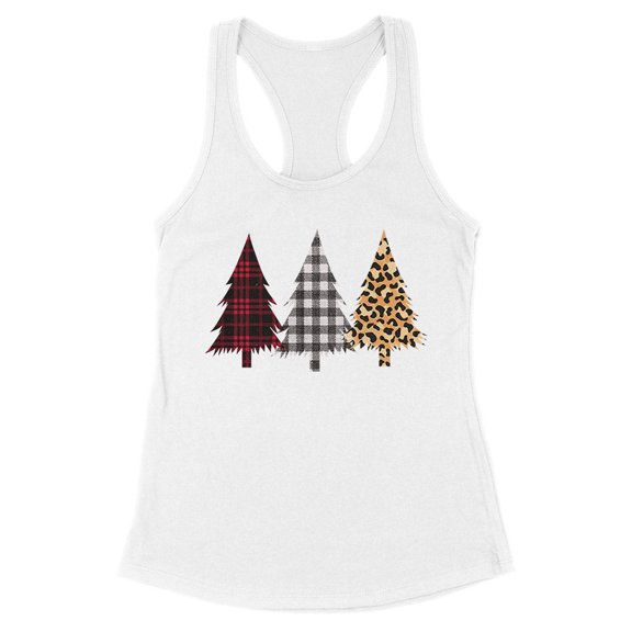 Plaid Print Christmas Trees Tank Top Fitted Racerback Women's Large White