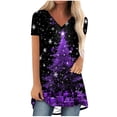 thumbnail image 1 of Camiseta Impresa con Cuello en V de Manga de Raglan de la Parte Trasera Larga Delantera Corta de las Mujeres de Navidad, Vacaciones Informales, 1 of 8