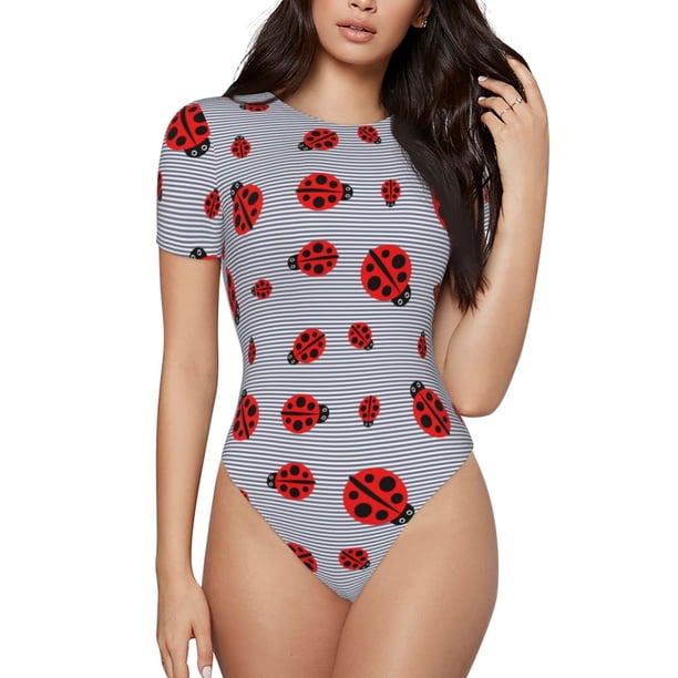 Balery Ladybug Body de cuello redondo de manga corta para mujer Tops de manga corta Tops básicos-Large