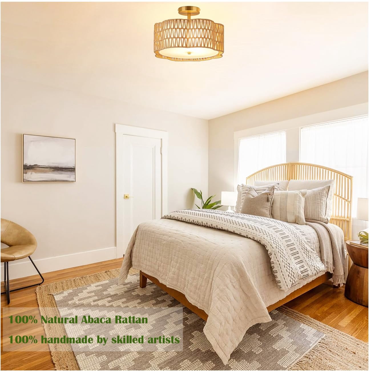 3-Light  Boho Light Fixtures Flush Mount, Rattan Ceiling Light Fixtures Flush Mount Gold for Bedroom, Flower-Shaped Close to Ceiling Light Fixture for Hallway Kitchen