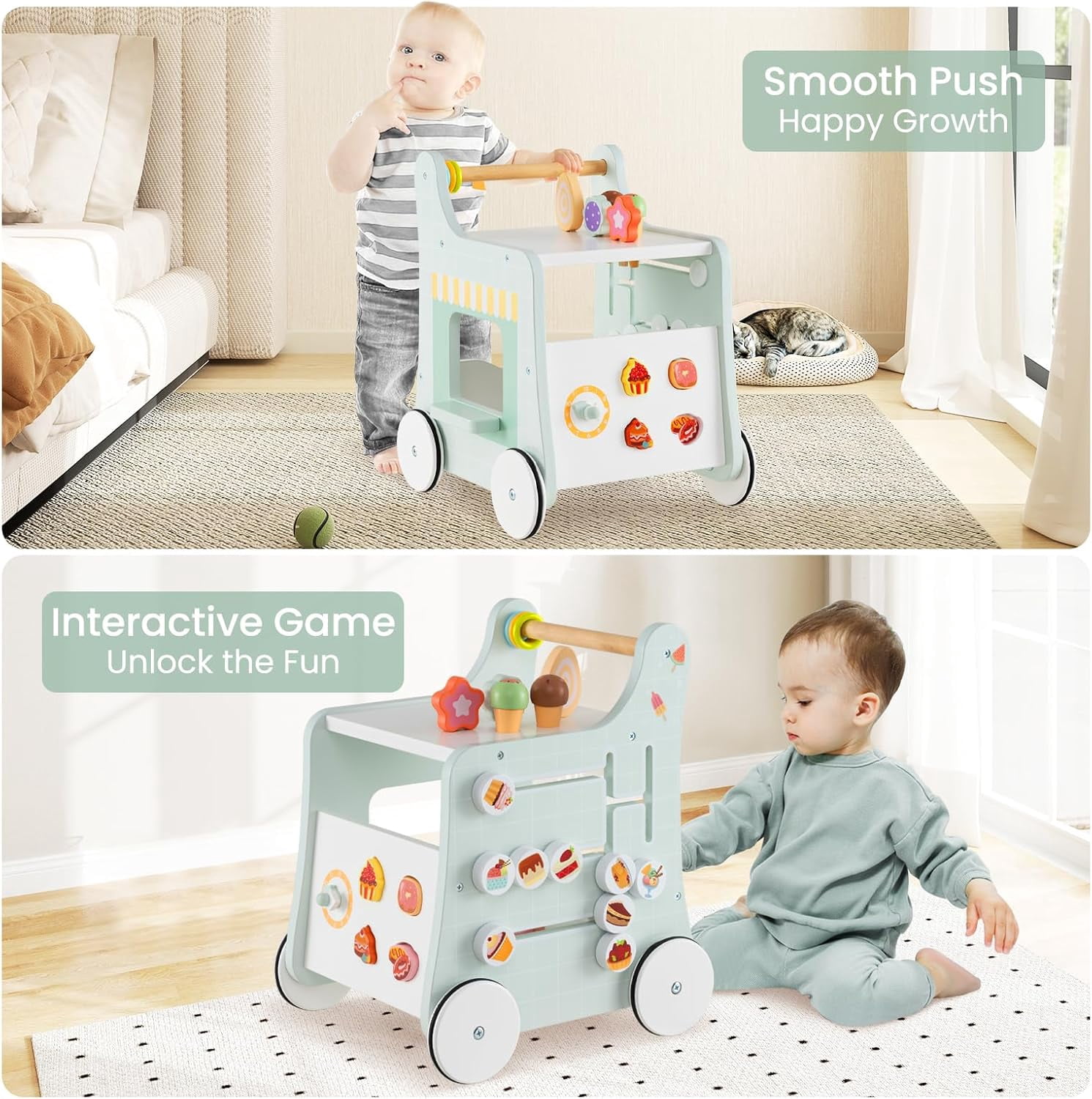 INFANS 6 in 1 Wooden Baby Walker, Play Kitchen Playset, Toddler Push Learning Activity with Wheels Shape Sorter Movable Slider, Montessori Educational Toy for Girls Boys 1-3 Years