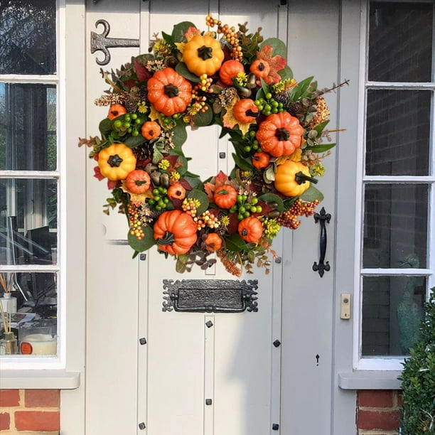 Corona de piñas de pino con flores anaranjadas para la cosecha otoñal, corona de otoño de 18 pulgadas con hojas de arce artificiales, piñas de calabaza