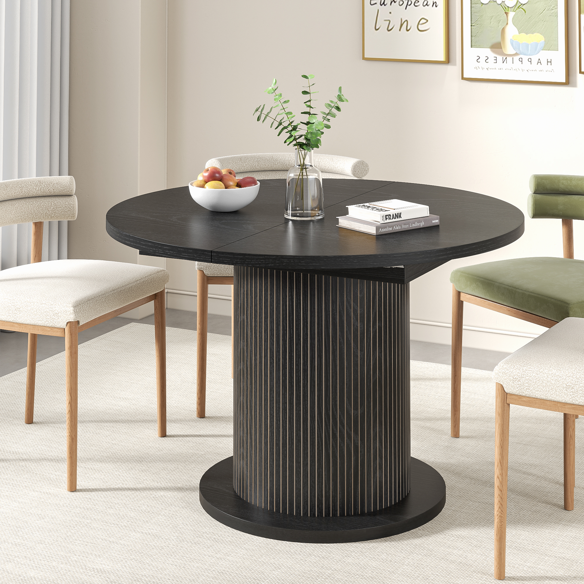 Round Dining Table for 4-6 People, 43.3“-59“Extendable Round Kitchen Dining Table with Pedestal Base, Black