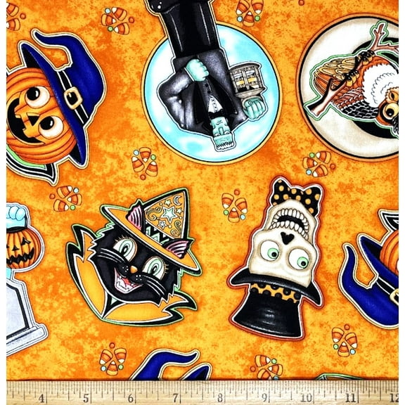 1 Fat Quarter - Halloween Black Cat Ghost & Jack-O-Lantern on Orange Cotton Fabric - 21" X 18"