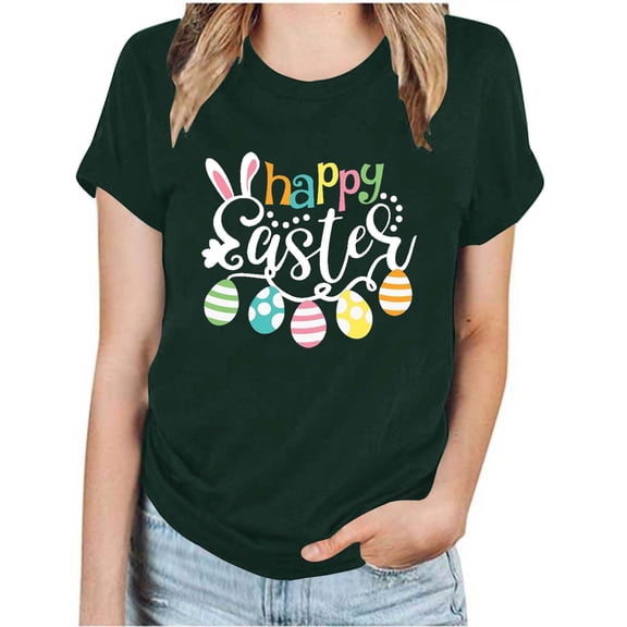 Virmaxy Happy Easter T-Shirt for Women Easter Egg Letter Print Tees Tops Fashion Crewneck Printed Short Sleeve T-Shirt Casual Loose Shirt Tops Olive Green-A XL