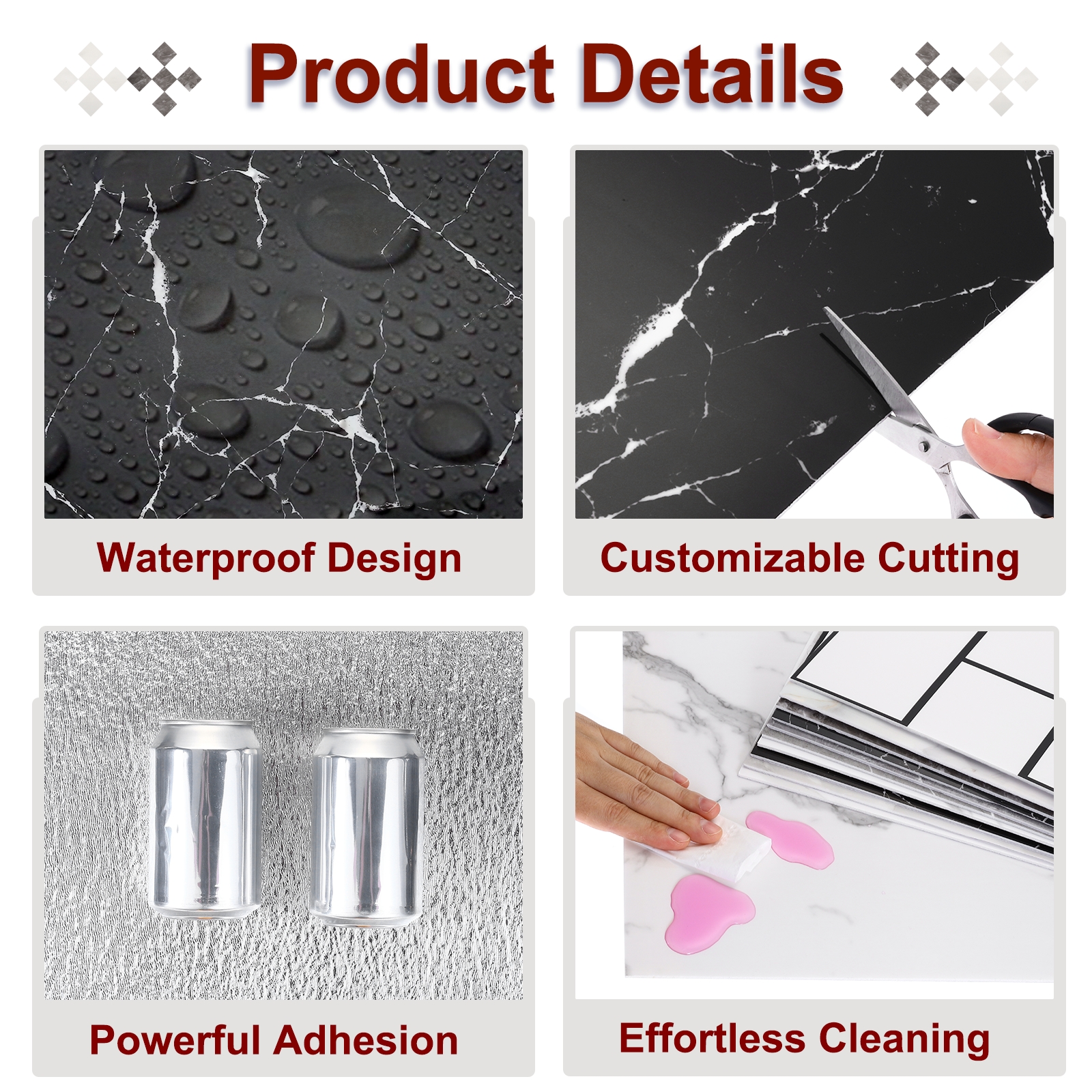 Uxcell 10Pcs Peel and Stick Marble Tiles, Waterproof Wall Panel Backsplash, 12"x12" Peel and Stick Shower Tiles for Bathroom, Black and White Root Design