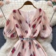 thumbnail image 3 of YM YOUMU Women Summer Floral Print V Neck Short Puff Sleeves Pleated Dress A Line Ruffle Hem Holiday Dress with Belt, 3 of 3