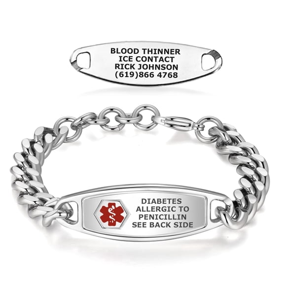 Divoti Medical Alert Bracelets for Men, Custom Engraved Steelman Medical ID Bracelet, w/Adjustable Large Curb Chain — Red