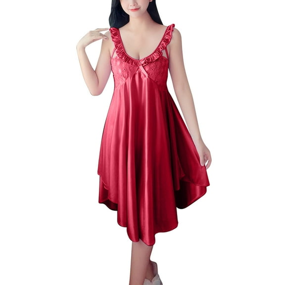 Admvng Womens Nightgown V-Neck Sleepwear Lingerie Nightgown Lace Chemise Satin Slip Silk Nighty Plus Size Dresses