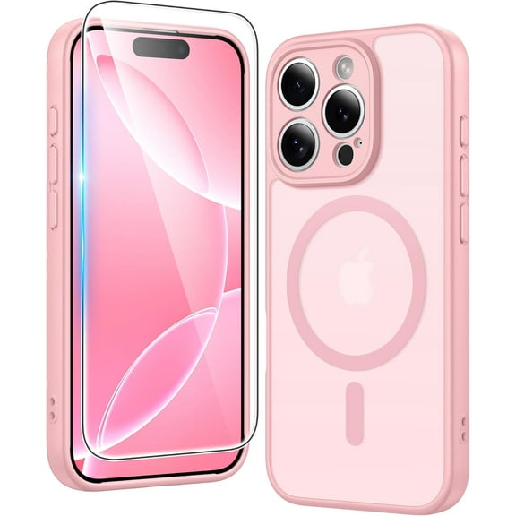 iPhone 16 Pro Case: Magnetic Matte Translucent Phone Cases with Screen Protector and Lens Protection Durable Textured Rugged Shockproof Protective Slim Cell Cover (C-Pink)
