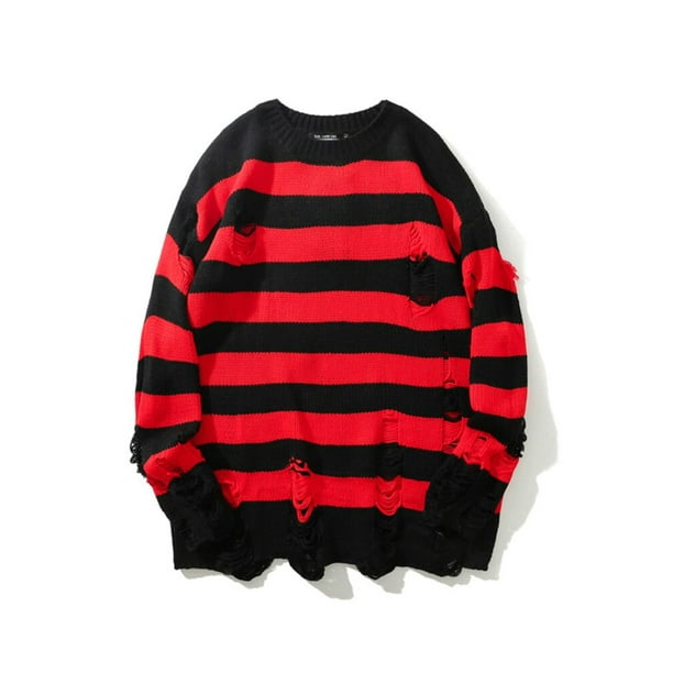High Street sueter de rayas rojas y negras para hombre Jersey informal de cuello redondo con borlas y agujeros rasgados estilo Retro Punk ropa de