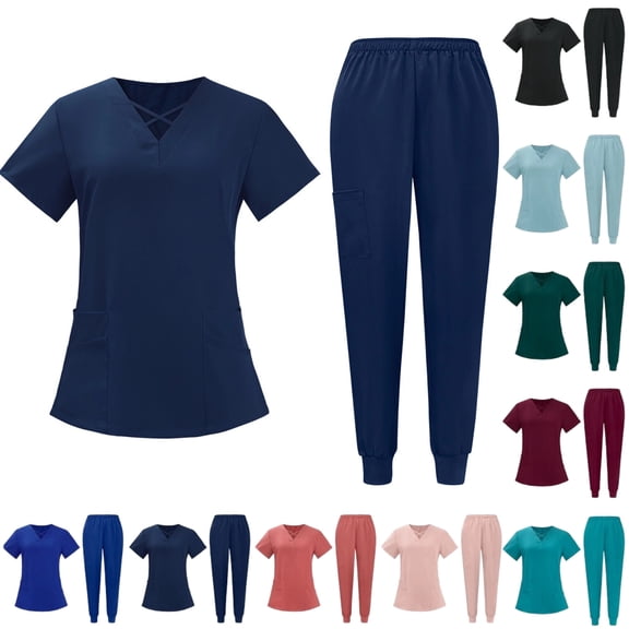 Scrubs for Women Set Modern V-Neck Top & 5 Pocket Jogger Pants Athletic Nursing Uniform Solid Stretch Workwear,Navy S