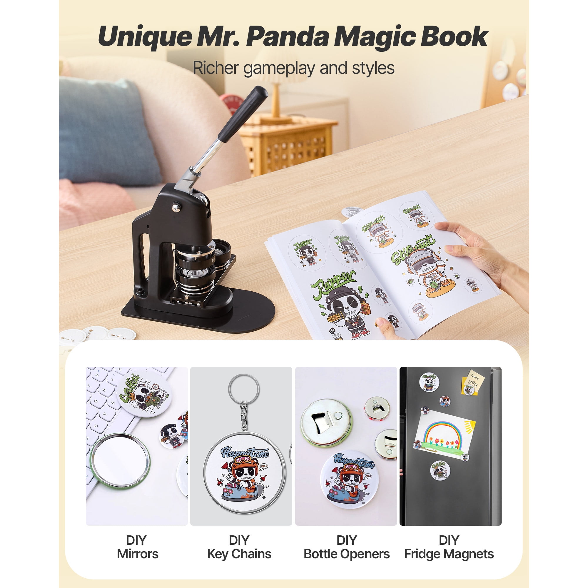 KFFKFF 3-in-1 Button Maker Machine, 1.26/2.28/2.95 inch,Plastic Pin Press with 300 Button Components, Circle Cutter, and DIY Guidebook,Sturdy Ergonomic Handle, Ideal for Custom Badges and Pins, Black