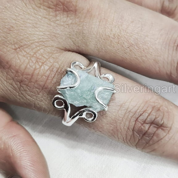 Natural Aquamarine Ring, Raw Aquamarine Gemstone Ring, March Birthstone, Hippie Wire Ring, 925 Sterling Silver, Womens Ring, Christmas, Thanksgiving, Handmade, Statement Jewelry, Raw Gemstone Jewelry