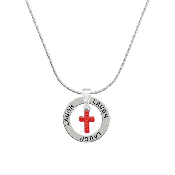 Delight Jewelry Silvertone Small Red Crystal Cross Laugh Ring Charm Necklace, 18"