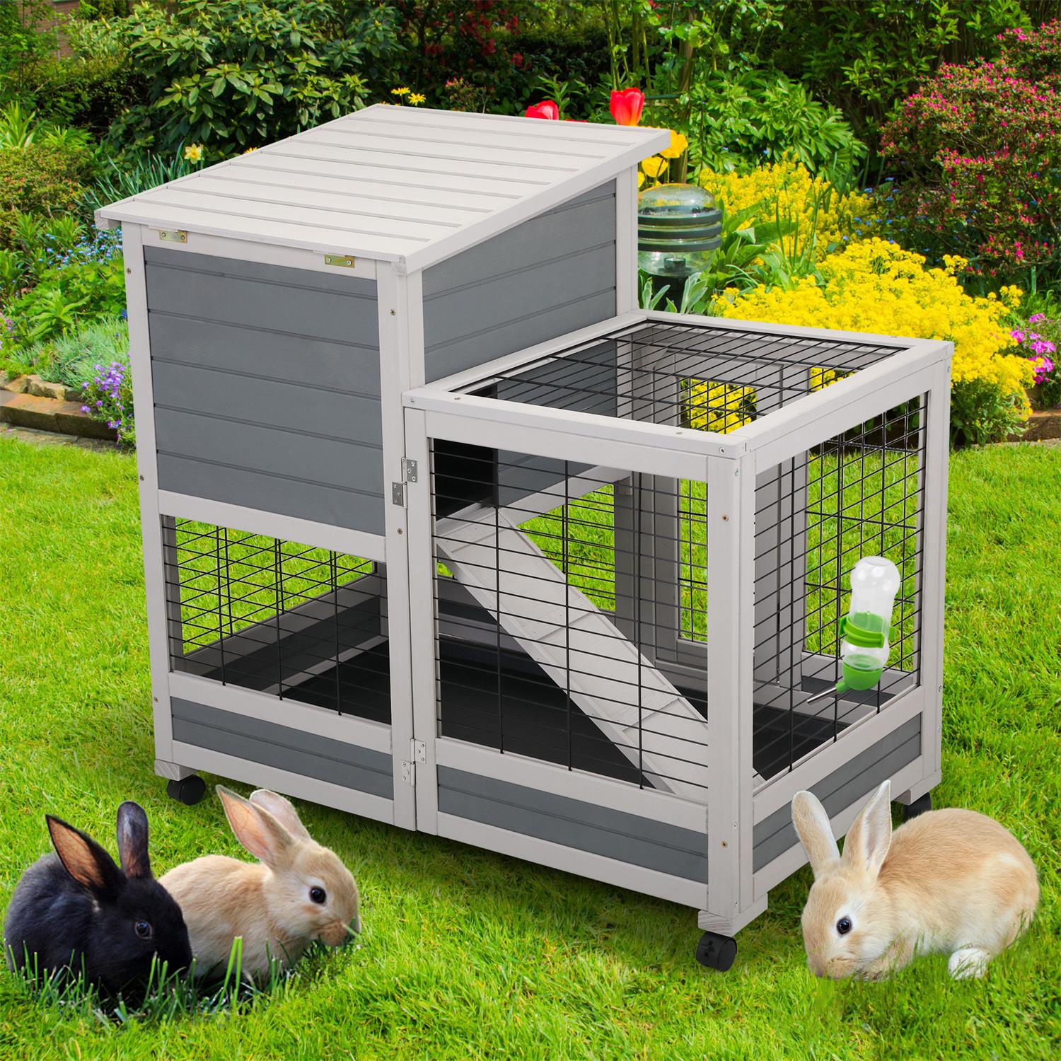 Pefilos 37" Wood Rabbit Hutch Rabbit Cage Bunny Hutch Large Bunny Cage Indoor Outdoor Two Story Guinea Pig Hamster Hutch Rabbit House Pet with No Leak Trays - 4 Casters Include Hen House, Gray