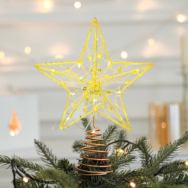 Xihbxyly Estrella de Navidad, Adorno Led Luminoso para La Punta Del Árbol, Marco de Metal Dorado, Brillo Cálido para Las Fiestas, Decoración para El Hogar y La Oficina, Ideal para Navidad, Tamaño 28