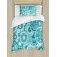 thumbnail image 1 of Juego de funda nórdica Aqua, estampado de elementos tradicionales de mandala con hojas florales hippies, juego de cama decorativo de 3 piezas con 2 fundas de almohada, color turquesa y blanco, 1 of 4