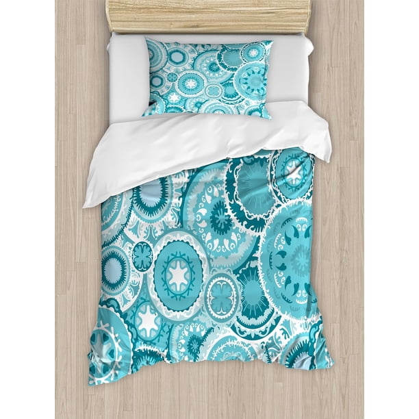Juego de funda nórdica Aqua, estampado de elementos tradicionales de mandala con hojas florales hippies, juego de cama decorativo de 3 piezas con 2 fundas de almohada, color turquesa y blanco