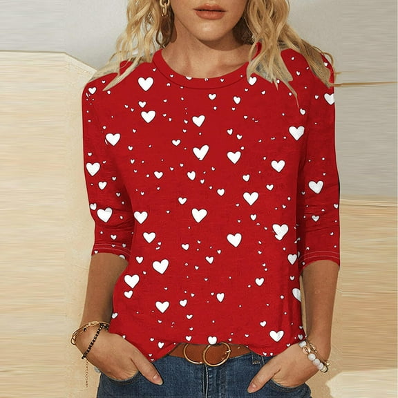 Aobny Woman Shirts Valentine Heart T-shirts Pullover Crew Neck 3/4 Sleeve Red Womens Fall Tops,M
