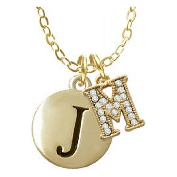 Capital Gold Tone Letter - J - Pebble Disc - M - Gold Tone Crystal Initial Sophia Necklace, 18" 1"