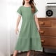 thumbnail image 4 of Odeerbi Niñas Verano Algodón Lino Vestidos Tiered Niños Color Sólido Cuello Redondo Manga Corta Vestido de Encaje Empalmado, 4 of 8