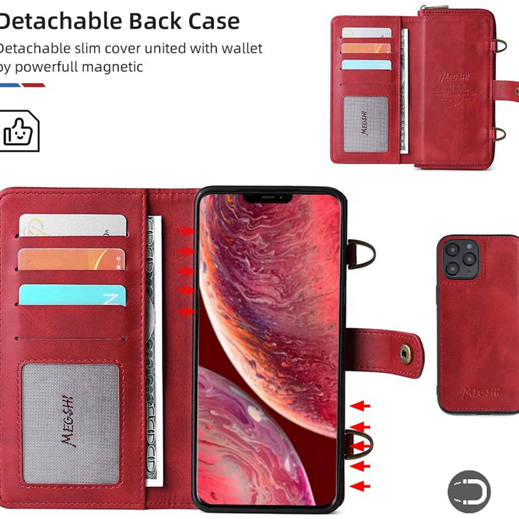 Dteck Wallet Case for iPhone 12 Pro / iPhone 12 6.1-inch, 2 in 1 Magnetic Detachable Wallet Purse [Crossbody Chain] Durable PU Leather Zipper Handbag Folio Flip Card Slot Protection Back Cover, Red