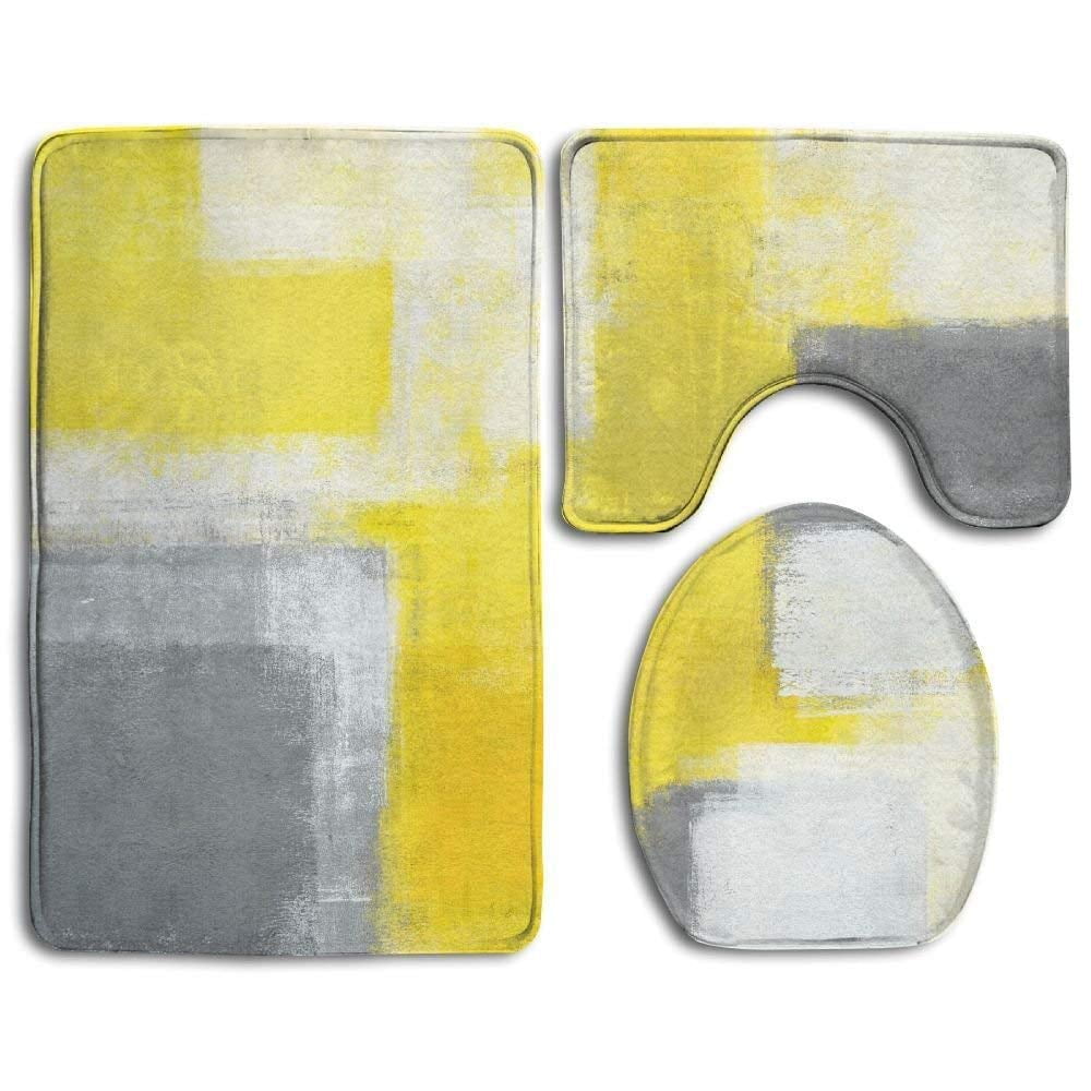 PUDMAD Grey and Yellow Abstract Art Painting 3 Piece Bathroom Rugs Set