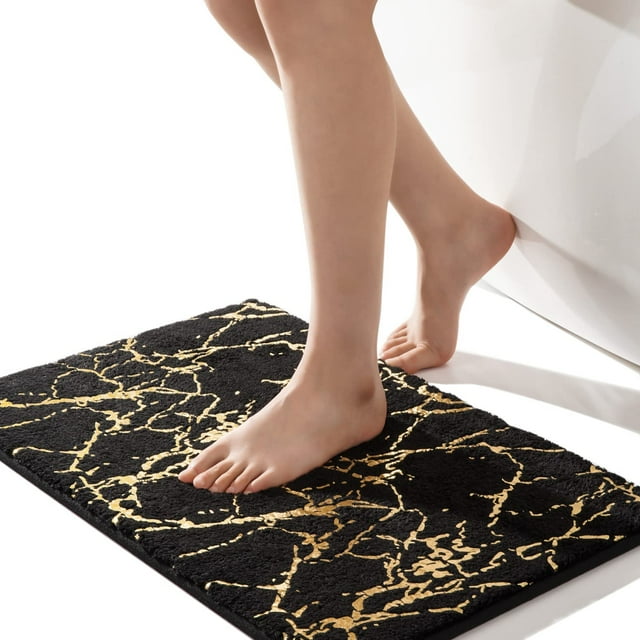 Non-Slip Bath Mat, Absorbent Microfiber, Machine Washable, Gold Stripe Pattern, 40 x 60 cm, Black