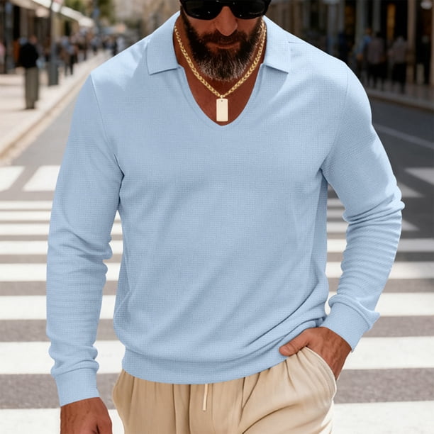 pstuiky Camisas casuales de manga larga para hombre, Blusa informal de manga larga con cuello en V y solapa para hombre, de color liso Tops de hombre xxxl