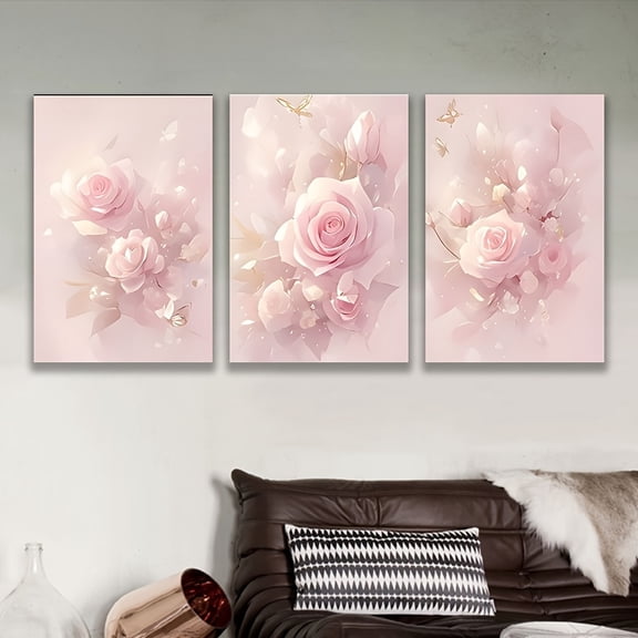 2D Flat, [JIT]3pcs, decorative painting--frameless, Ethereal Pink Roses with Delicate Butterfly - Enchanting Home Decor, Holiday gifts, birthday gifts, Mothers Day, Fathers Day, home decor, 2D/Flat,