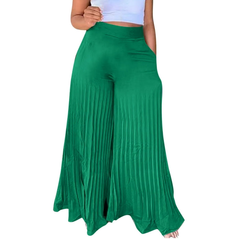 Floerns Women's Casual Wide Leg High Waisted Palazzo Pleated Pants Trousers  Green S at  Women's Clothing store