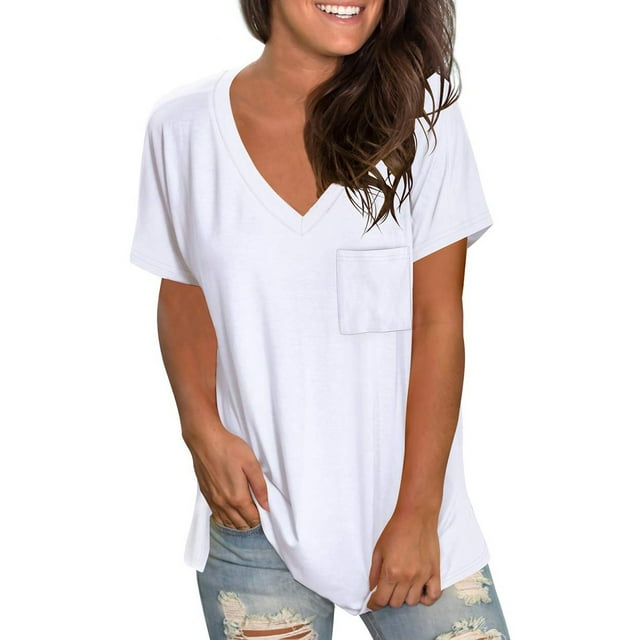 Gibobby Playera Moda Camisa de manga corta de ajuste holgado con bolsillo de color sólido y cuello en V para mujer(Blanco, L)